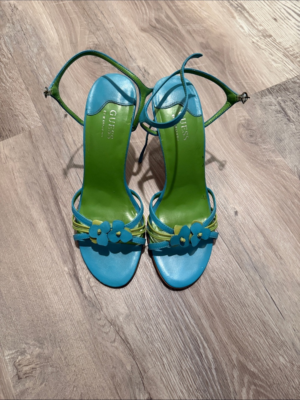 GUESS Blue and Lime Green Floral Strap Heels